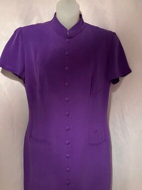 Vintage 90s 100% Purple Silk Asian Dress Mandarin Collar Size 6